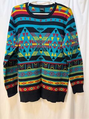 Empyre Multicolor Aztec Crewneck Sweater - Teal, Yellow, Red, Black